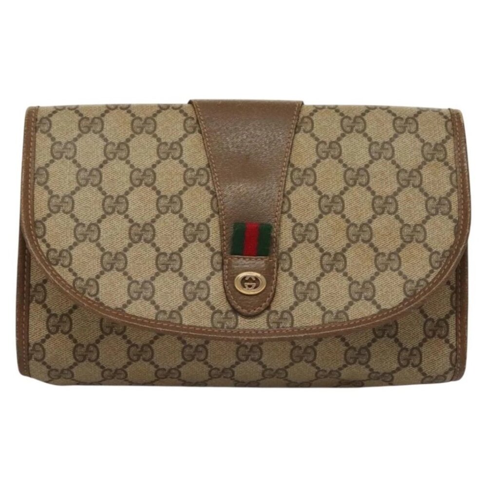 GUCCI GG Supreme Web Sherry Line Clutch Bag PVC Beige Gold 89 01 030 Auth 133336 - Picture 2 of 16